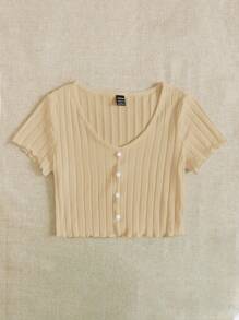 SHEIN EZwear Button Up Rib-knit Crop Top