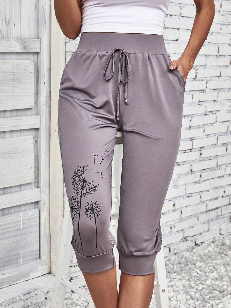 EMERY ROSE Dandelion Print Tie Front Trousers - Dusty Purple - View 1