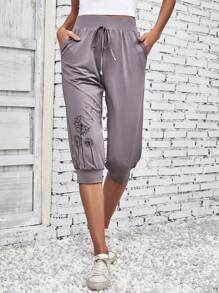 EMERY ROSE Dandelion Print Tie Front Trousers - Dusty Purple - View 5