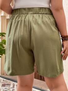 SHEIN LUNE Plus High Waist Plicated Detail Shorts - Army Green - View 2