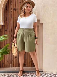 SHEIN LUNE Plus High Waist Plicated Detail Shorts - Army Green - View 6