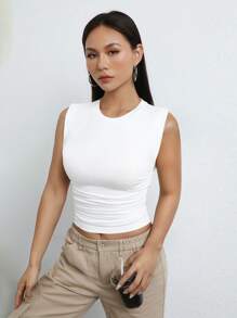 SHEIN EZwear Solid Ruched Crop Tank Top - White - View 6
