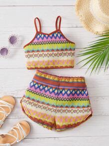 SHEIN Bộ thời trang bé gái Tương phản ràng buộc In chữ V Hình học Giải trí - Nhiều màu - Xem 1