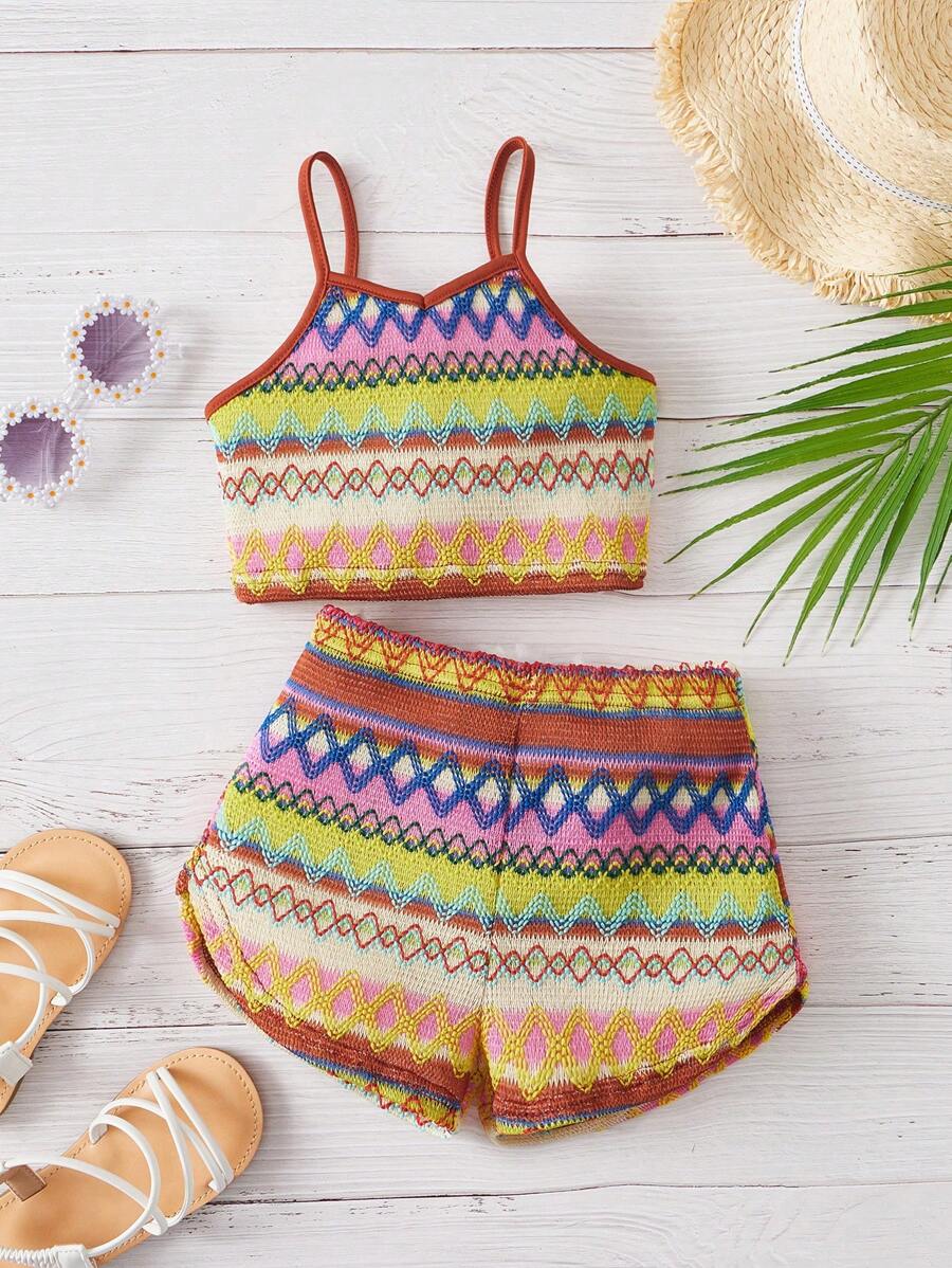 SHEIN Bộ thời trang bé gái Tương phản ràng buộc In chữ V Hình học Giải trí - Nhiều màu - Xem 1