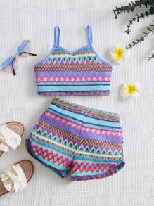 SHEIN Young Girl Chevron Print Cami Top & Shorts