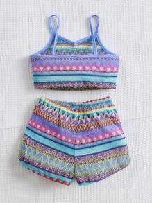 SHEIN Young Girl Chevron Print Cami Top & Shorts