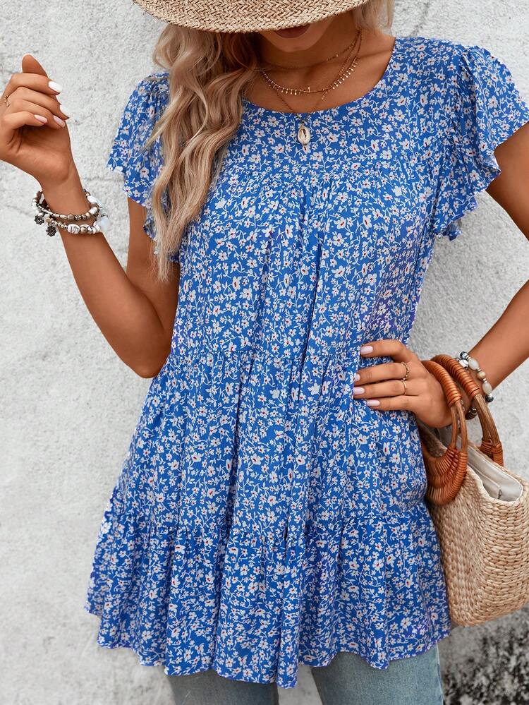 SHEIN VCAY Camisa smock con estampado floral bajo con fruncido - Azul y blanco - Ver 6