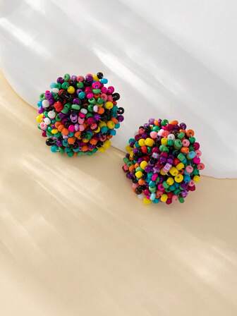 撞色串珠圓形耳釘