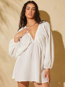 Travachic Vestido smock de cuello profundo de manga farol - Blanco - Ver 4