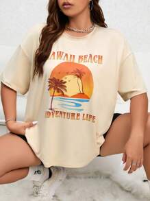 SHEIN EZwear Áo thun Plus size Lá thư Nhiệt đới Giải trí - Màu be - Xem 1