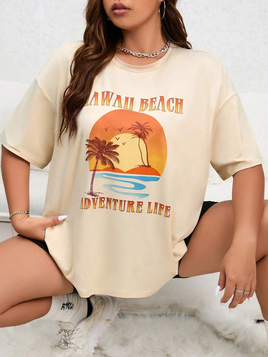 SHEIN EZwear Áo thun Plus size Lá thư Nhiệt đới Giải trí - Màu be - Xem 1