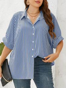 SHEIN Essnce Camicia a maniche a pipistrello con stampa a righe, taglia grande, per l'estate