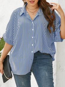 SHEIN Essnce Camicia a maniche a pipistrello con stampa a righe, taglia grande, per l'estate
