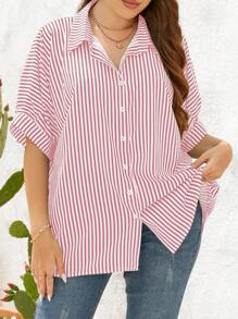 SHEIN Essnce Camisa de rayas de manga murciélago - Rosa - Ver 6