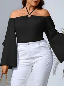 SHEIN Privé Plus Halter Neck Trumpet Sleeve Ruffle Trim Blouse - Black - View 3