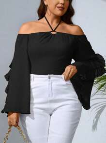 SHEIN Privé Plus Halter Neck Trumpet Sleeve Ruffle Trim Blouse - Black - View 6