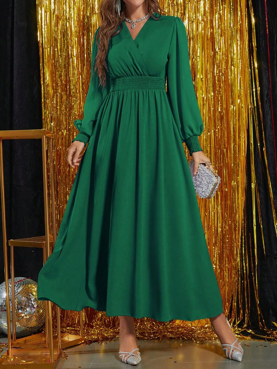 Modelyn Surplice Neck Lantern Sleeve A-line Dress - Green - View 1