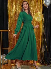 Modelyn Surplice Neck Lantern Sleeve A-line Dress - Green - View 3