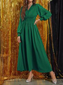 Modelyn Surplice Neck Lantern Sleeve A-line Dress - Green - View 4