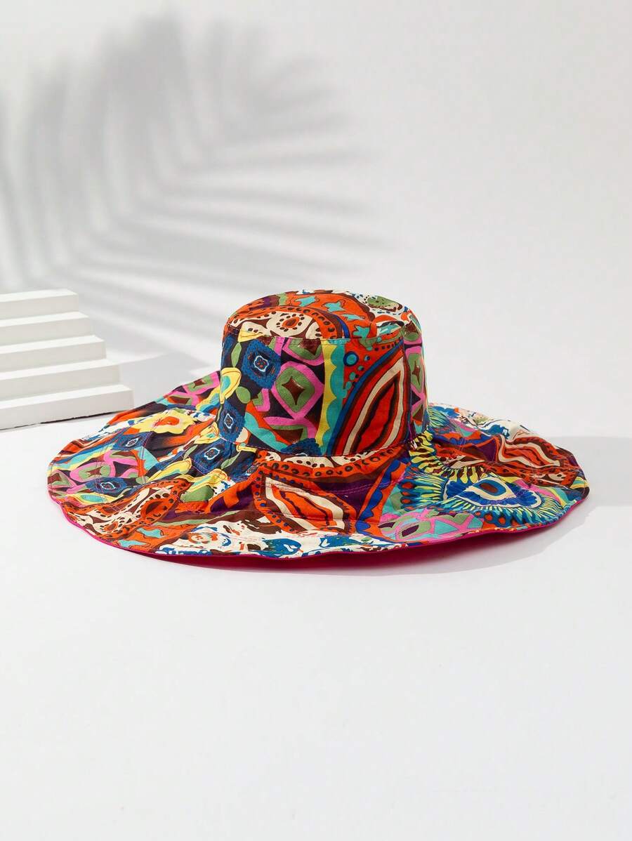 1入組女士圖案印花寬邊緣防曬時尚帽 - 彩色 - 查看 1