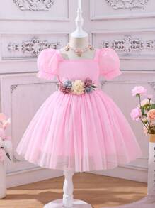 SHEIN Cô Gái Trẻ Ống tay áo Đèn treo tường Váy lưới che phủ - Hồng - Xem 1