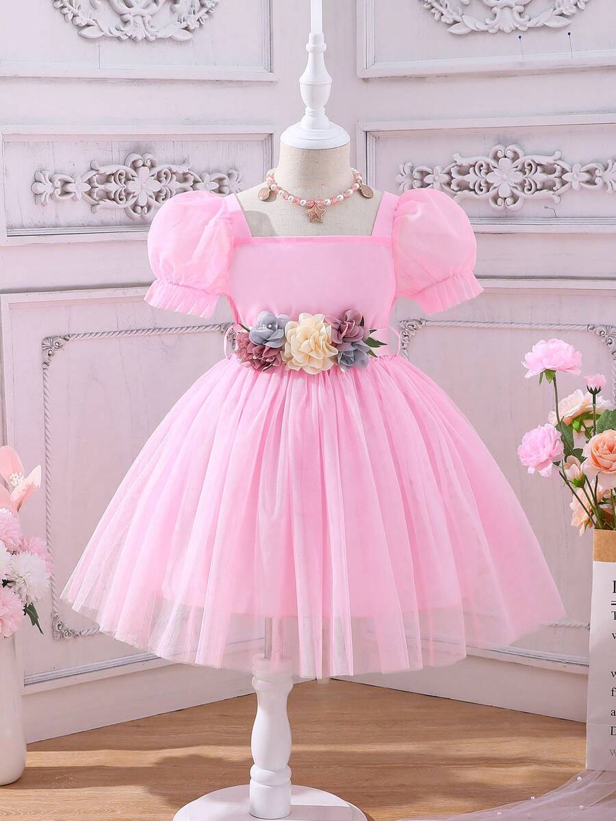 SHEIN Cô Gái Trẻ Ống tay áo Đèn treo tường Váy lưới che phủ - Hồng - Xem 1