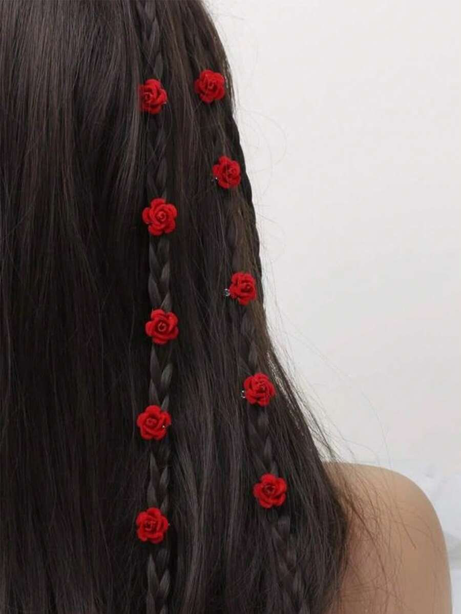 10 件装 女士花朵装饰时尚发圈 可爱情人节 - 紅色 - 查看 1