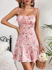 Soleia Đầm Thắt nút Viên lá sen Nếp gấp Phần Ngực Hoa Tất cả trên in Boho - Hồng - Xem 3