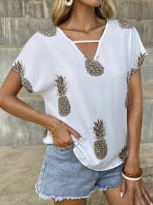 SHEIN LUNE Áo sơ mi nữ Cắt ra Rau quả Giải trí - trắng - Xem 3