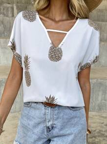 SHEIN LUNE Áo sơ mi nữ Cắt ra Rau quả Giải trí - trắng - Xem 4