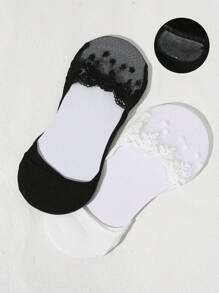 2 Đôi Tất Phối Ren Cổ Vớ Vô Hình Cho Nữ - Đen và trắng - Xem 1