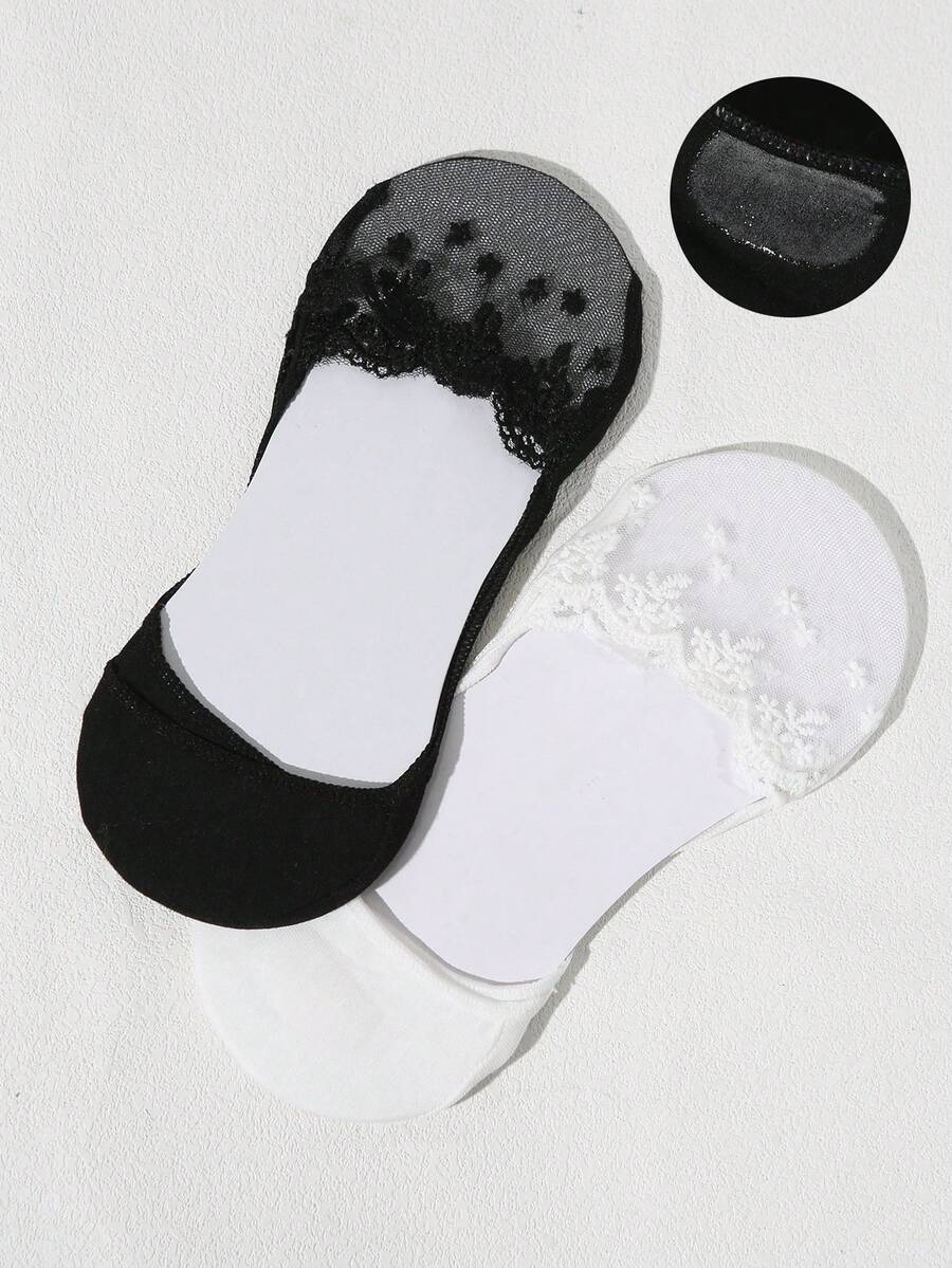 2 Đôi Tất Phối Ren Cổ Vớ Vô Hình Cho Nữ - Đen và trắng - Xem 1