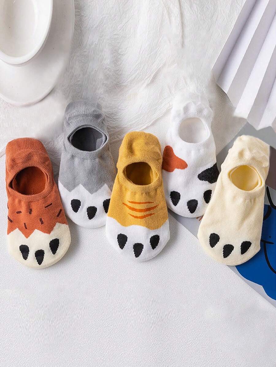 5雙女士卡通圖案休閒船襪