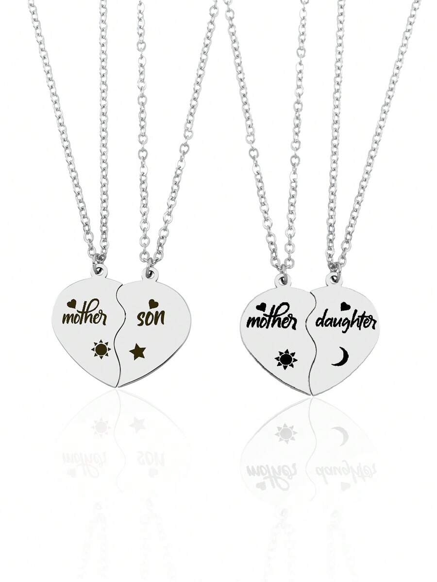 2 件/套不锈钢太阳、月亮和心形吊坠项链，送给儿子和妈妈的礼物