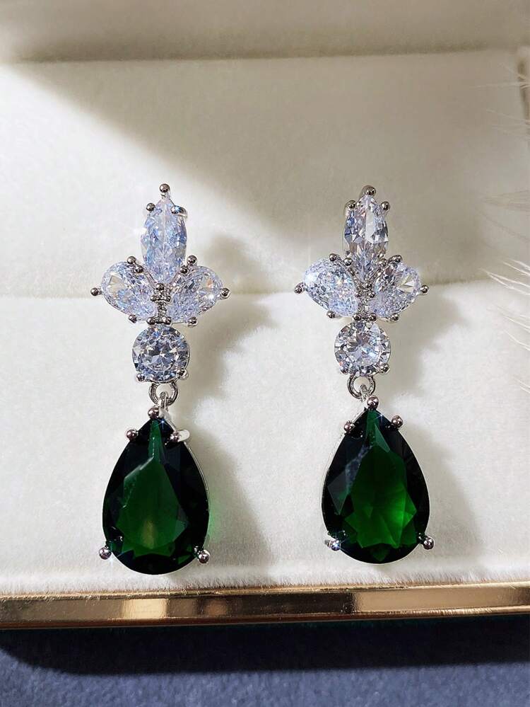 1 Pair Shiny Cubic Zirconia Teardrop Earrings, Suitable For Women's Daily Wear