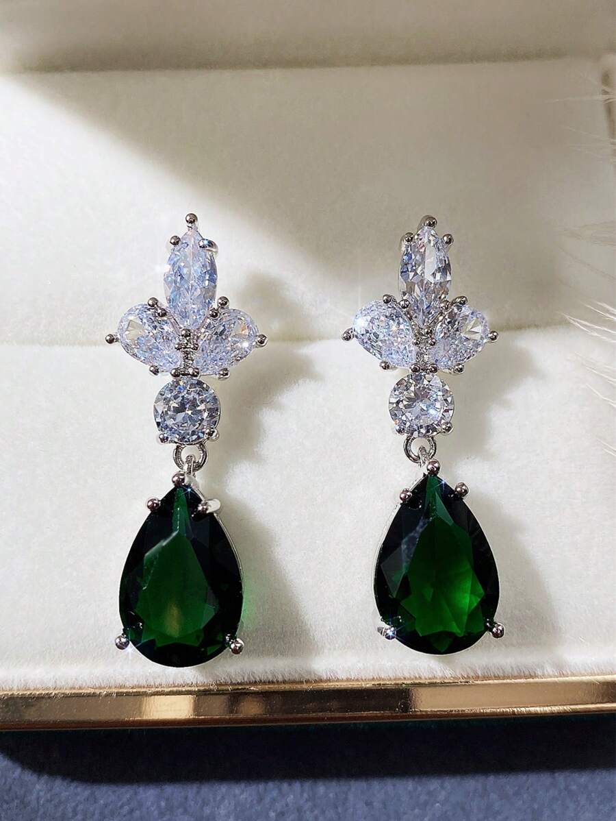 1 Pair Shiny Cubic Zirconia Teardrop Earrings, Suitable For Women's Daily Wear