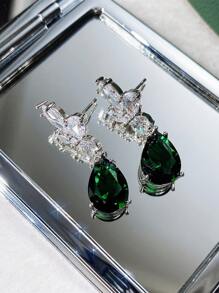 1 Pair Shiny Cubic Zirconia Teardrop Earrings, Suitable For Women's Daily Wear - Green - View 7