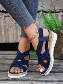 Vacation Slingback Wedge Sandals For Women, Elastic Cross Strap Sandals - Blue - View 2