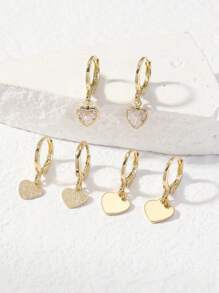 6 Cái/bộ Đơn Giản & Sáng Tạo Thiết Kế Hình Trái Tim Đính Đá Cubic Zirconia Đôi Khuyên Tai Vòng Cho Nữ, Tuyệt Vời Cho Ngày Quà Tặng - Vàng - Xem 1