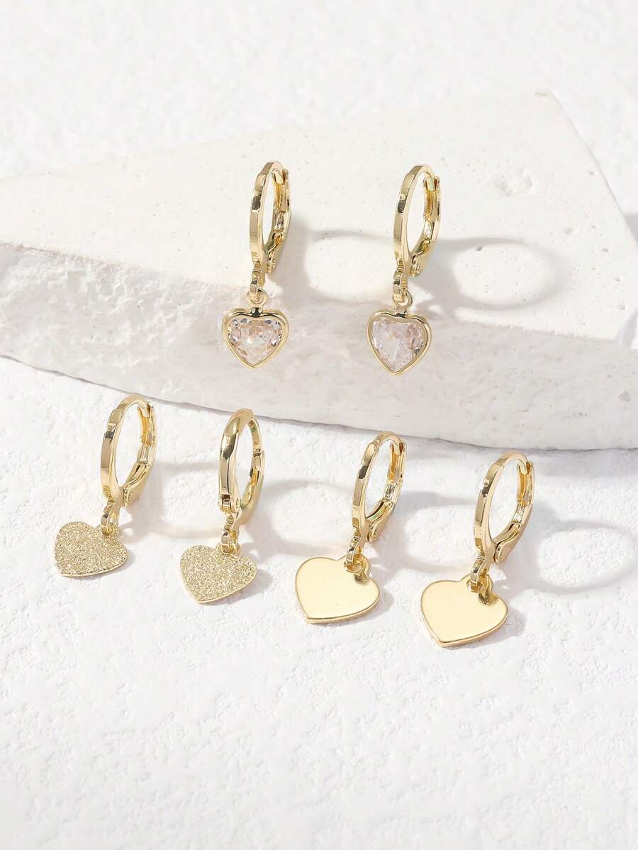 6 Cái/bộ Đơn Giản & Sáng Tạo Thiết Kế Hình Trái Tim Đính Đá Cubic Zirconia Đôi Khuyên Tai Vòng Cho Nữ, Tuyệt Vời Cho Ngày Quà Tặng - Vàng - Xem 1