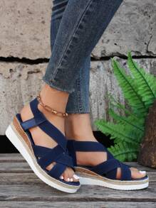 Vacation Slingback Wedge Sandals For Women, Elastic Cross Strap Sandals - Blue - View 5