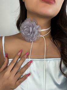 1入組女士優雅織物花吊墜頸鏈配件禮品 - 灰色 - 查看 3