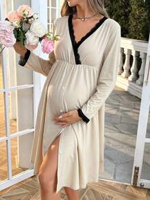 SHEIN Maternity Contrast Lace Trim Surplice Neck Dress - Apricot - View 3