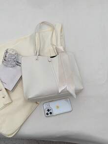 2件套单肩包配丝巾装饰和内袋 - 米色 - 查看 5