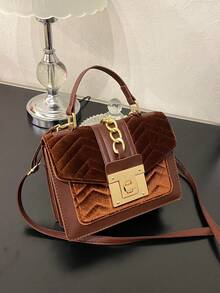 Túi vuông nhỏ Trang trí dây chuyền Colorblock Tay nắm trên cùng - màu nâu - Xem 2