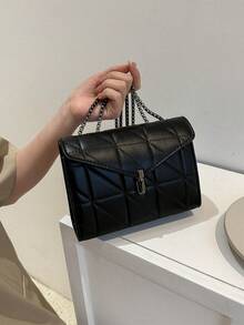 素色衍縫肩帶推鎖時尚女士單肩包 - 黑色 - 查看 2