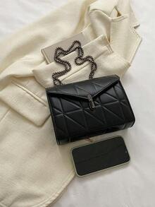 素色衍縫肩帶推鎖時尚女士單肩包 - 黑色 - 查看 4