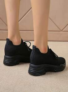 Sporty Wedge Sneakers For Women, Knit Detail Lace-up Front Sneakers
