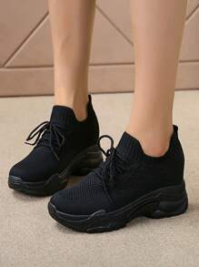 Sporty Wedge Sneakers For Women, Knit Detail Lace-up Front Sneakers