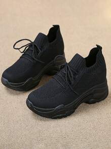 Sporty Wedge Sneakers For Women, Knit Detail Lace-up Front Sneakers